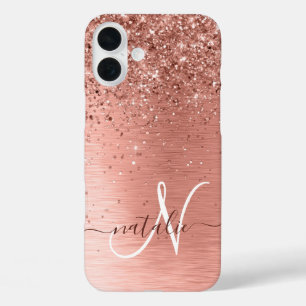 Roos goudpenseel Glitter Monogram iPhone 16 Plus Hoesje