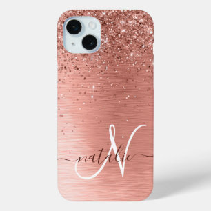 Roos goudpenseel Glitter Monogram iPhone 15 Mini Hoesje