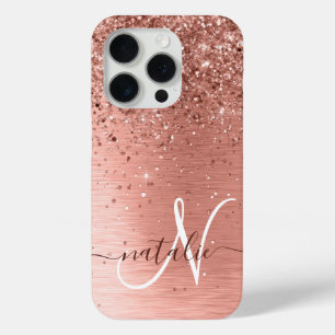 Roos goudpenseel Glitter Monogram iPhone 15 Pro Case