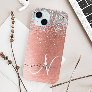 Roos goudpenseel Glitter Monogram iPhone 15 Case