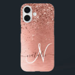 Roos goudpenseel Glitter Monogram iPhone 16 Hoesje<br><div class="desc">Pas dit trendy chassis met  roos gouden mousserende glitter eenvoudig aan op een roos gouden geborstelde metalen achtergrond.</div>