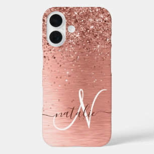 Roos goudpenseel Glitter Monogram iPhone 16 Hoesje