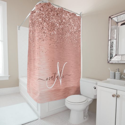 Roos goudpenseel Glitter Monogram Douchegordijn (In situ)