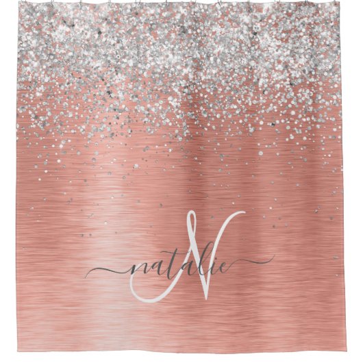 Roos goudpenseel Glitter Monogram Douchegordijn (Voorkant)