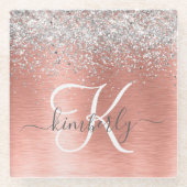 Roos goudpenseel Glitter Monogram Glazen Onderzetter (Voorkant)