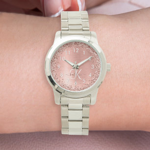 Roos goudpenseel Glitter Monogram Horloge