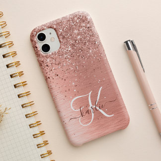 Roos goudpenseel Glitter Monogram iPhone 15 Case