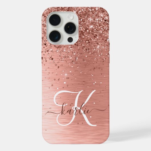 Roos goudpenseel Glitter Monogram iPhone Hoesje (Achterkant)