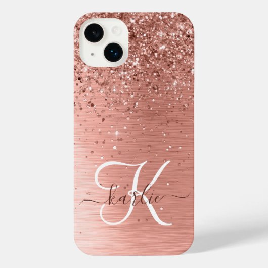 Roos goudpenseel Glitter Monogram iPhone Hoesje (Achterkant)