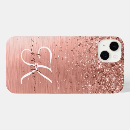 Roos goudpenseel Glitter Monogram iPhone Hoesje (Achterkant horizontaal)