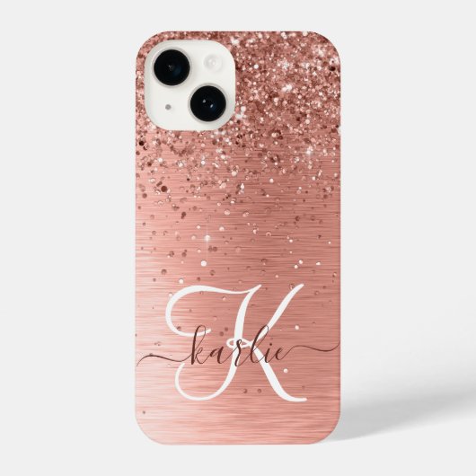 Roos goudpenseel Glitter Monogram iPhone Hoesje (Achterkant)