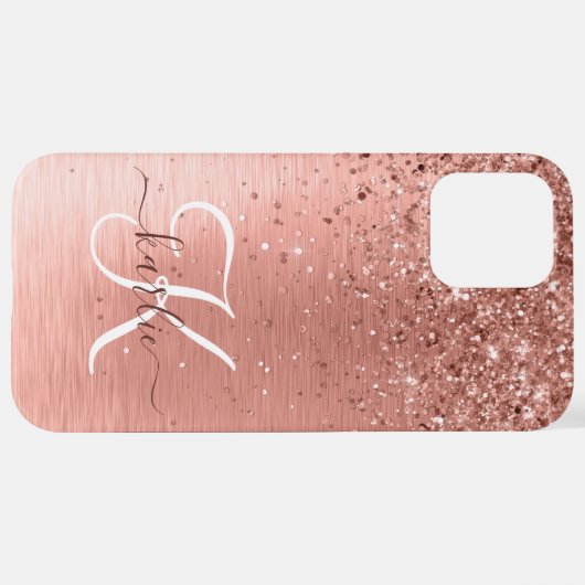 Roos goudpenseel Glitter Monogram iPhone Hoesje (Achterkant horizontaal)