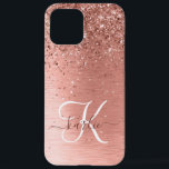 Roos goudpenseel Glitter Monogram iPhone 12 Pro Max Hoesje<br><div class="desc">Pas dit trendy chassis met  roos gouden mousserende glitter eenvoudig aan op een roos gouden geborstelde metalen achtergrond.</div>