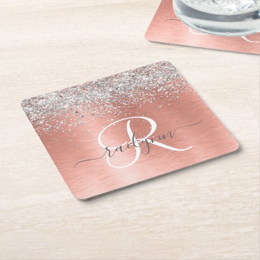 Roos goudpenseel Glitter Monogram Kartonnen Onderzetters (Schuin)