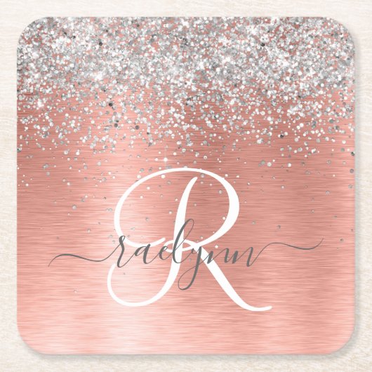 Roos goudpenseel Glitter Monogram Kartonnen Onderzetters (Voorkant)