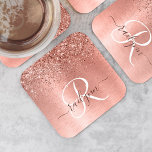 Roos goudpenseel Glitter Monogram Kartonnen Onderzetters<br><div class="desc">Maak dit trendy onderzetter met  roos gouden mousserende glitter gemakkelijk aan te passen op een roos gouden geborstelde metalen achtergrond.</div>