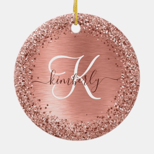 Roos goudpenseel Glitter Monogram Keramisch Ornament (Achterkant)