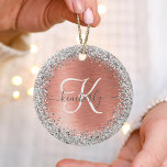 Roos goudpenseel Glitter Monogram Keramisch Ornament<br><div class="desc">Pas dit trendy chic ornament-ontwerp met  zilveren mousserend glitter eenvoudig aan op een roos gouden geborstelde metalen achtergrond.</div>