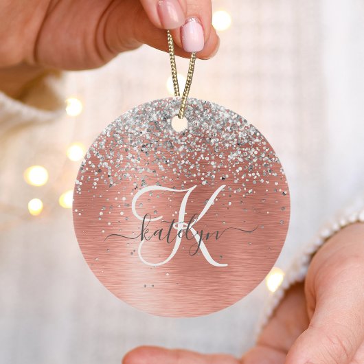 Roos goudpenseel Glitter Monogram Keramisch Ornament