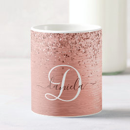 Roos goudpenseel Glitter Monogram Koffiemok