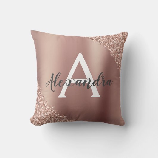 Roos goudpenseel Glitter Monogram Kussen (Voorkant)