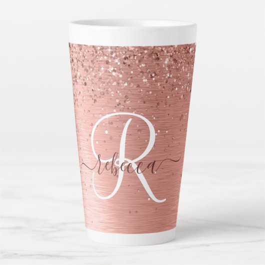 Roos goudpenseel Glitter Monogram Latte Mok (Voorkant)