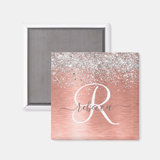 Roos goudpenseel Glitter Monogram Magneet (Voorkant / Achterkant)