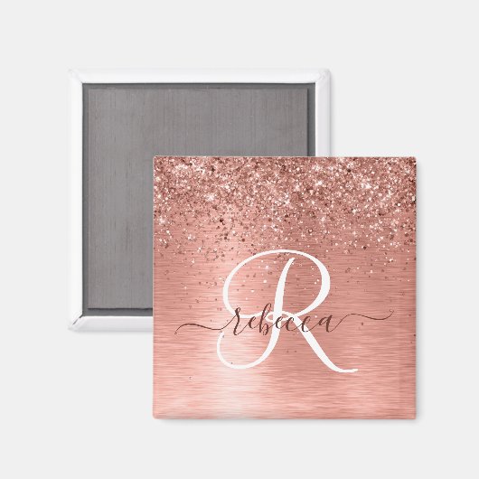 Roos goudpenseel Glitter Monogram Magneet (Voorkant / Achterkant)