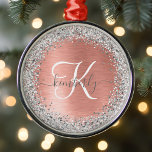 Roos goudpenseel Glitter Monogram Metalen Ornament<br><div class="desc">Geniet eenvoudig van dit trendy kerstfeestversierontwerp met  zilveren mousserend glitter op een gouden roos geborstelde metalen achtergrond.</div>