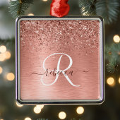 Roos goudpenseel Glitter Monogram Metalen Ornament