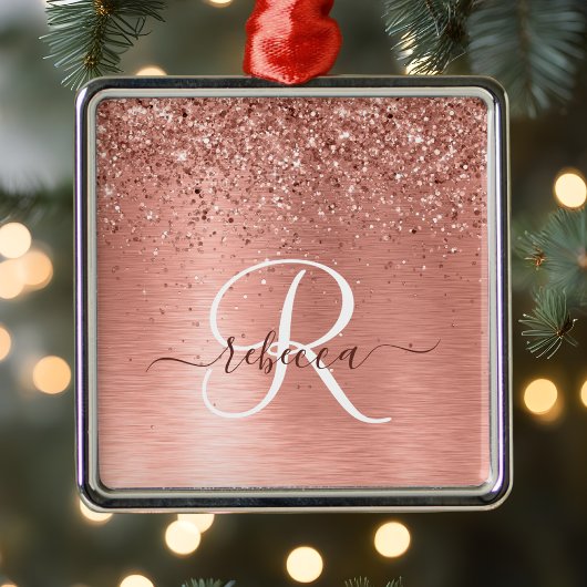 Roos goudpenseel Glitter Monogram Metalen Ornament