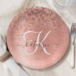 Roos goudpenseel Glitter Monogram Naam Pape Papieren Bordje<br><div class="desc">Maak dit trendy bord met  roos gouden mousserende glitter gemakkelijk aan te passen op een roos gouden geborstelde metalen achtergrond.</div>