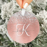 Roos goudpenseel Glitter Monogram Ornament<br><div class="desc">Pas dit trendy chic ornament-ontwerp met  zilveren mousserend glitter eenvoudig aan op een roos gouden geborstelde metalen achtergrond.</div>