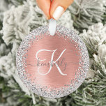 Roos goudpenseel Glitter Monogram Ornament<br><div class="desc">Personaliseer dit trendy chique ornamenten ontwerp met  zilveren sprankelende faux glitter op een rozen gouden geborstelde metalen achtergrond.</div>