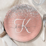 Roos goudpenseel Glitter Monogram Papieren Bordje<br><div class="desc">Pas dit trendy bord met een  zilveren mousserende glitter eenvoudig aan op een roos gouden geborstelde metalen achtergrond.</div>