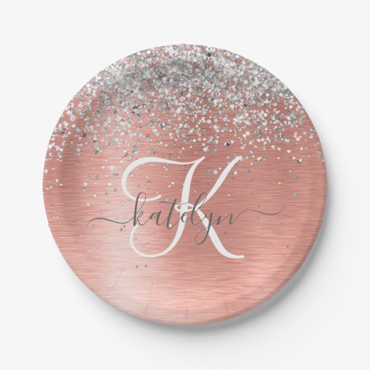 Roos goudpenseel Glitter Monogram Papieren Bordje (Voorkant)