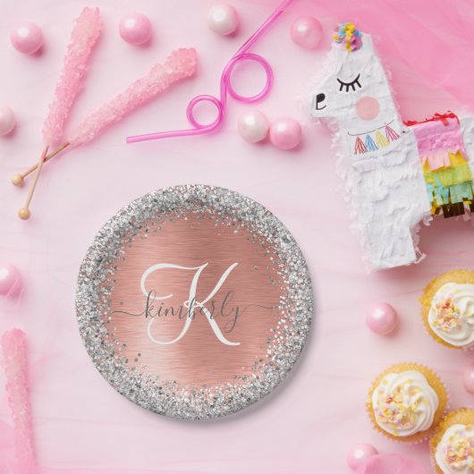 Roos goudpenseel Glitter Monogram Papieren Bordje (Feest)