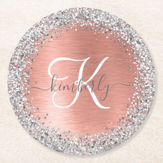 Roos goudpenseel Glitter Monogram Ronde Kartonnen Onderzetter (Voorkant)