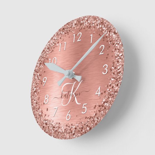 Roos goudpenseel Glitter Monogram Ronde Klok (Hoek)