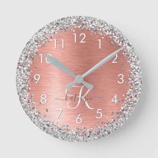 Roos goudpenseel Glitter Monogram Ronde Klok (Voorkant)