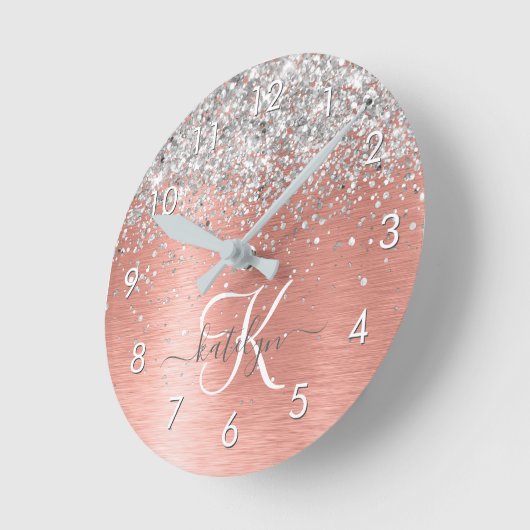 Roos goudpenseel Glitter Monogram Ronde Klok (Hoek)