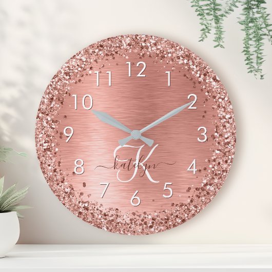 Roos goudpenseel Glitter Monogram Ronde Klok