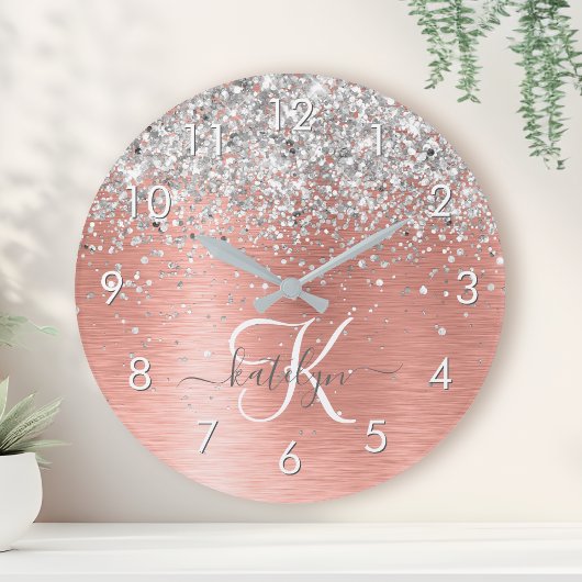 Roos goudpenseel Glitter Monogram Ronde Klok