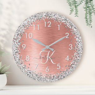 Roos goudpenseel Glitter Monogram Ronde Klok