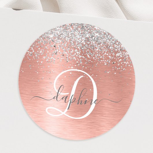 Roos goudpenseel Glitter Monogram Ronde Sticker