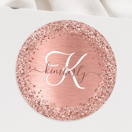 Roos goudpenseel Glitter Monogram Ronde Sticker