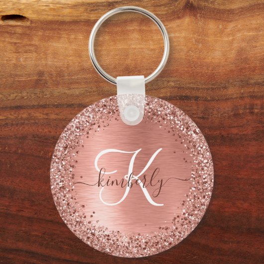 Roos goudpenseel Glitter Monogram Sleutelhanger (Voorkant)