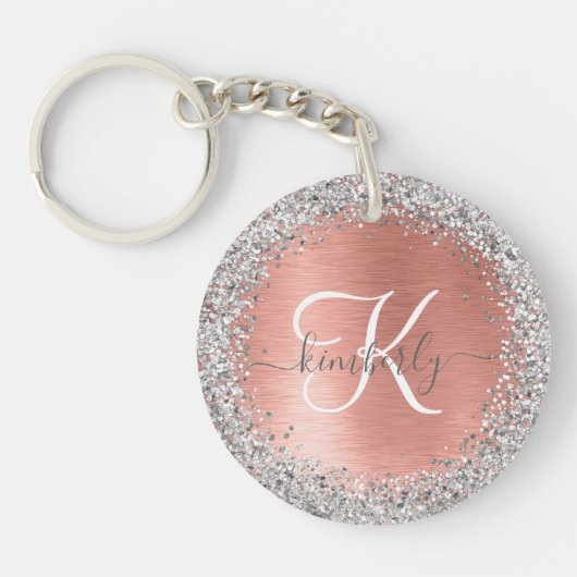 Roos goudpenseel Glitter Monogram Sleutelhanger (Voorkant)
