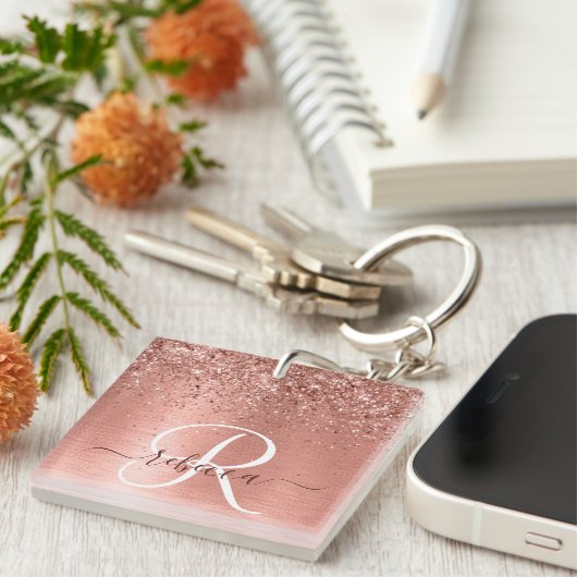 Roos goudpenseel Glitter Monogram Sleutelhanger (Voorkant Rechts)