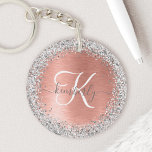 Roos goudpenseel Glitter Monogram Sleutelhanger<br><div class="desc">Maak dit trendy ontwerp van de sleutelhanger met  zilveren mousserende glitter gemakkelijk aan te passen op een roos gouden geborstelde metalen achtergrond.</div>